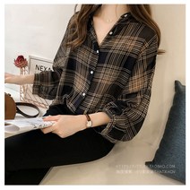 WHORU 봄 여름 체크셔츠 이탈리안 여성 긴팔 셔츠 블라우스 카라 티셔츠 10