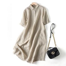 여성 린넨 원피스 빅사이즈 체크무늬 앞단추 오버핏 a라인 캐주얼 여자 봄 여름 가을 반팔 롱원피스 linen dress women JX0799
