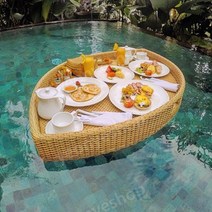 플로팅 플레이트 트레이 발리 베트남 조식 풀빌라 호텔 수영장 플로팅, 잎모양라이트브라운(80X60X20)