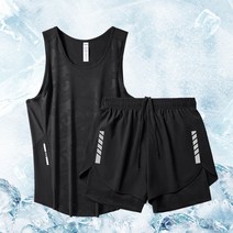 남자 헬스 마라톤 런닝 싱글렛 민소매 여름 스포츠 농구 런닝 러닝복, 3XL, 아이스 블랙 세트