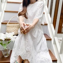 디작소 여성 하이즈 펀칭 레이스 플리츠 롱 원피스