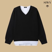 [SIWY] 브이넥 밑단 셔링 배색 티셔츠 블랙