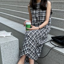 제이앤티 체크 롱 원피스 여름 민소매 바캉스 시원 데일리룩 루즈핏