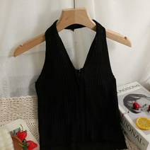 펄 다이어리 써머 버티컬 바 지퍼 쇼트 캐미솔 베스트 슬림 퓨어 컬러 넥 마운트 탑스 올 매치 시크 니트 탑 여성 조끼 색상 블랙/오렌지/그린