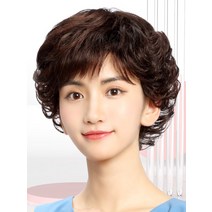 파마가발 엄마 여자단발머리펌 자연스러운통가발, 다크브라운 【풀핸드메이드】【바늘받이】【프리사이즈】케어