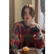 대형 제품 가을과 겨울 새로운 복고풍 대조 컬러 하운드 게으른 스타일 외부 여성용 느슨한 긴팔 니트 스웨터 착용