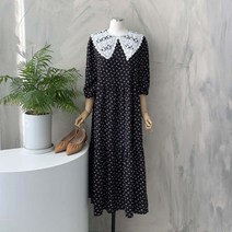 [행복여] 모티브 레이스 카라 스퀘어 나염 롱 원피스