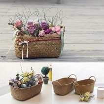 타원형 핸들 해초 바구니 꽃바구니재료 라탄트레이 왕골바구니 화초바구니 꽃바구니재료, S