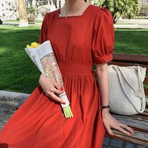 린넨 원피스 봄 가을 빅사이즈 까지 뉴 여름 여성 드레스 빈티지 하이 웨이스트 스퀘어 칼라 캐주얼 코튼 및 레이스 업 보우 퍼프 슬리브 롱 DR2966