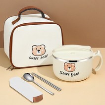 뚜껑 손잡이가 있는 귀여운 스테인레스 스틸 국수 그릇 큰 숟가락 젓가락 학생 도시락 주방 식품 저장 용기, [05] Bowl Bag Tableware