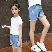 베비포 여아용 데미지 밑단 3부 청 반바지 A01