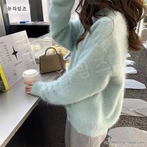 여성 앙고라 니트 민트 그린 뽀글이 풀오버 이너 니트 탑 0W922