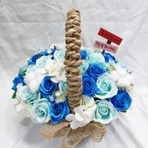 영하우스 생일꽃바구니 장미 카네이션 축하꽃바구니 고급형 어버이날꽃바구니 부모님 꽃배달 기념일꽃 개업꽃 칠순꽃 환갑꽃 팔순꽃 퇴임식 비누꽃, 장미수국꽃바구니 블루+축하합니다