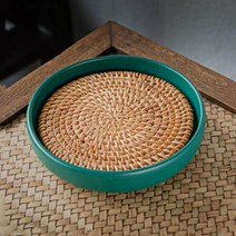 차판 다기 차반 티 트레이 빈티지 거친 도자기 주전자 매트 원형 세라믹 등나무 차 전통, 15x3.5cm+B4