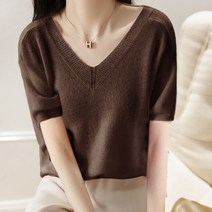 비스코스 반팔 브이넥 여성 니트 티셔츠 봄 여름