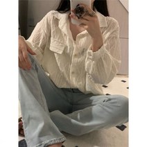 여성 심플한 캐주얼 후크 플라워 펀칭 셔츠 루즈핏 셔츠 카라 롱 프렌치 블라우스