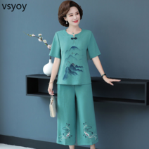 vsyoy 어머니 여름 면화 린넨 수트 외국 스타일 감소 연령 5060 세 중년 및 노인 여성 느슨한 반팔 티셔츠 재킷 투피스 세트