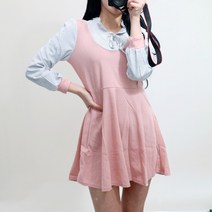 VANANA2 단가라 셔츠 프릴넥 레이어드 핑크 미니 원피스