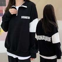 티데일리 남녀공용 사인 배색 반집업 맨투맨 루즈핏 백레터링 티셔츠