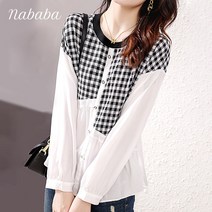 나바바 NB1663 여성 유니크 체크 패턴 긴팔 라운드넥 블라우스