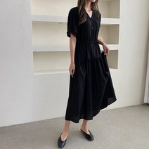 [] 여성 데이트룩 청순한 데일리룩 퍼프 브이넥 롱원피스