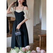 CIUUC 프랑스 복고풍 2022 여름 새로운 높은 허리 칼라 프랑스 폴카 도트 스티칭 드레스 드레스 드레스