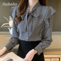 나바바 NB1034 여성 숙녀 로맨틱 프릴 리본 체크 블라우스