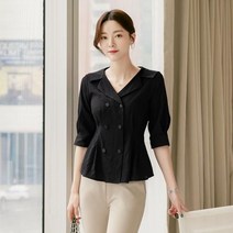 시크라인 카라넥 더블 버튼 뒷밴딩 시어서커 블라우스