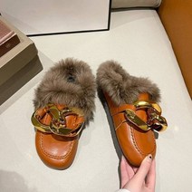 퍼지 슬리퍼 여성 패션 메탈 체인 토-커버 하프 플랫 뮬러 신발 가을 빵 겨울