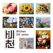 없음 DIY 명화그리기 kit 꽃과 풍경 캔버스 유화그림 해바라기 모란, 밀크화이트로즈