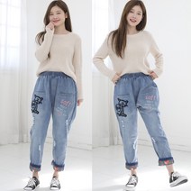 사입자mall F980 워싱 큐티자수 청바지 캐쥬얼 워싱 데님 여성용 허리 밴드 루즈핏 롤업 스판 바지 봄 가을 원단 진청 연청