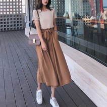 허리 밴딩 롱바지 와이드 팬츠 반팔 티셔츠 세트 바캉스룩여름반팔 나들이패션와이드팬츠 해외여행옷 해