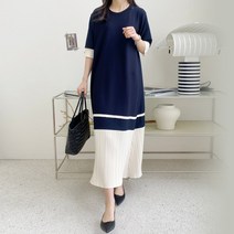 소소한진심 여성 여름 반팔 주름 플리츠 배색 롱원피스