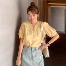 블라우스셔츠스타일 여름 신 프렌치 클래식 벌룬소매 상의 브이넥 유럽풍 반팔셔츠 413885447