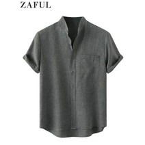 ZAFUL-남성용 코튼 셔츠 솔리드 린넨 질감 스트리트웨어 블라우스 여름 반팔 캐주얼 탑 프론트 포켓