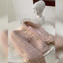 노카라트위드자켓 반코트 크롭 라운드넥 트위드 금장버튼 핑크