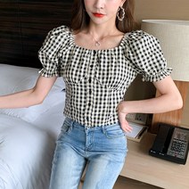 여성체크셔츠 숏 측 넥셔츠 봄 여름 타입 허리보정 반팔 상의 벌룬소매 와이셔츠 2392677634
