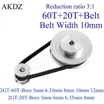 타이밍 벨트 풀리 GT2 60 치아 20 치아 감소 3:1/1:3 3D 프린터 액세서리 벨트 폭 10mm 보어 5 & 6.35 & 8 & 10 & 12mm|Pulleys|, 1개, Belt length 250mm, 20T-B8 and 60T-B10