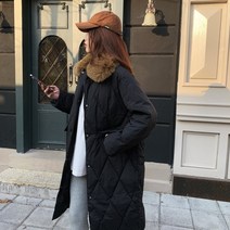 ins 탈부착 퍼 칼라 아가일 체크 한국판 무릎 오버 롱 패딩