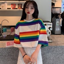 레인보우 단가라 오버핏 반팔티 여성 단가라 티셔츠