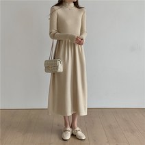 넷투넷코리아 여성 롱 원피스 긴팔 하이넥 캐주얼 루즈핏 무지 기본