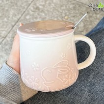 도자기커피잔 티컵 카페 선물용 홈 북유럽 이쁜찻잔, 벚꽃토끼연보라-덮개+일반스푼