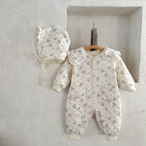 꽃무늬 프릴 레이스 카라 우주복 누빔 기모 패딩 보넷 북유럽 신생아 겨울 외출 출산선물