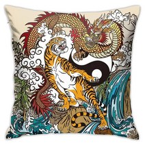 FREW 중국 드래곤과 호랑이 홈 데코 쿠션 케이스 소파 장식용 커버 45.7x45.7cm 원 사이즈, Chinese Dragon and Tiger, One Size