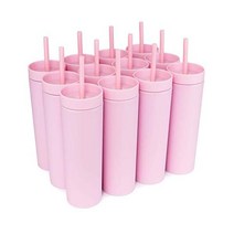 STRATA CUPS Periwinkle 뚜껑과 빨대가 있는 스키니 텀블러 (12팩) 473 2ml(16온스) 이중벽 아크릴 톨 매트 무료 빨대 클리너가 벌크 재사용 가능한 컵 미, 핑크
