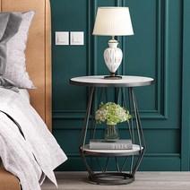 천연 대리석 사이드 테이블 2단 수납 원형 티테이블 북유럽 디자인 협탁, 이중 블랙 로렌 플래티넘 슬레, 2단 블랙 / 로렌 플래티넘