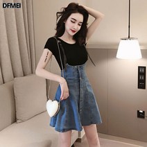 DFMEI 여름 멜빵 스커트 세트 서양풍 연령 감소 패션 데님 스커트 여 반신 원피스 투피스