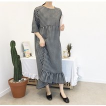 [어썸브라운]당일발송 나비 언발 프릴 루즈핏 체크 지지미 롱 원피스