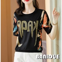 [바니드] 중년여성 프린트 여름반팔 핫 티셔츠 느슨한 반짝이룩 0424
