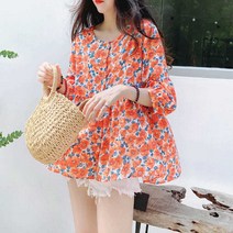 여름 루즈핏 라운드넥 잔꽃 셔츠 여성 블라우스